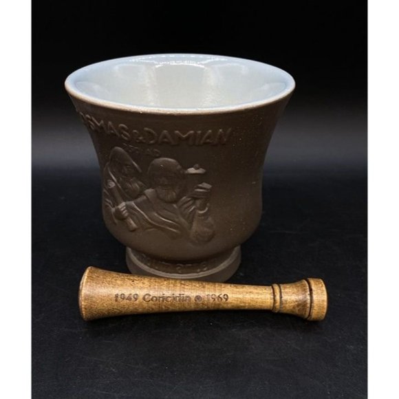 Schering Cosmas & Damian Coricidin Mortar & Pestle Apothecary Pharmaceutical A - Picture 3 of 12